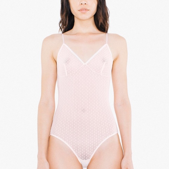NWOT! American Apparel Light Pale Pink Sheer Micro-Mesh Lace Bodysuit - Picture 3 of 3